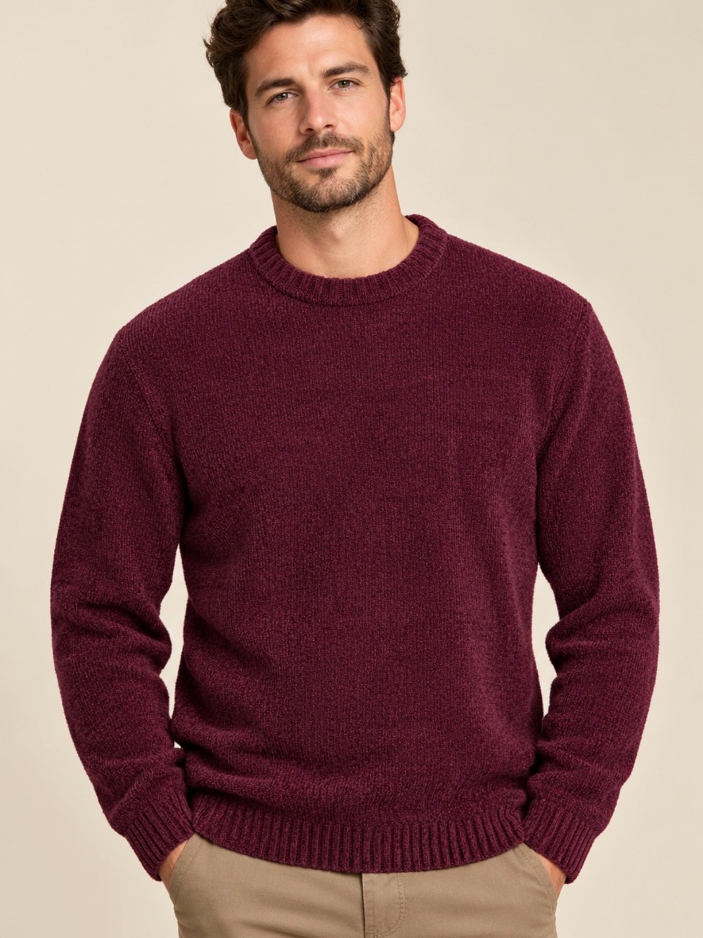 Men’s Deep Burgundy Chenille-Knit Crewneck Sweater – Size Large